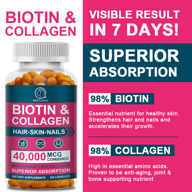 BBEEAAUU Collagen Biotin Capsules EXTRA STRENGTH HAIR, SKIN and NAILS Hair Care Hair Growth Essential Oil Repair Hair Follicle