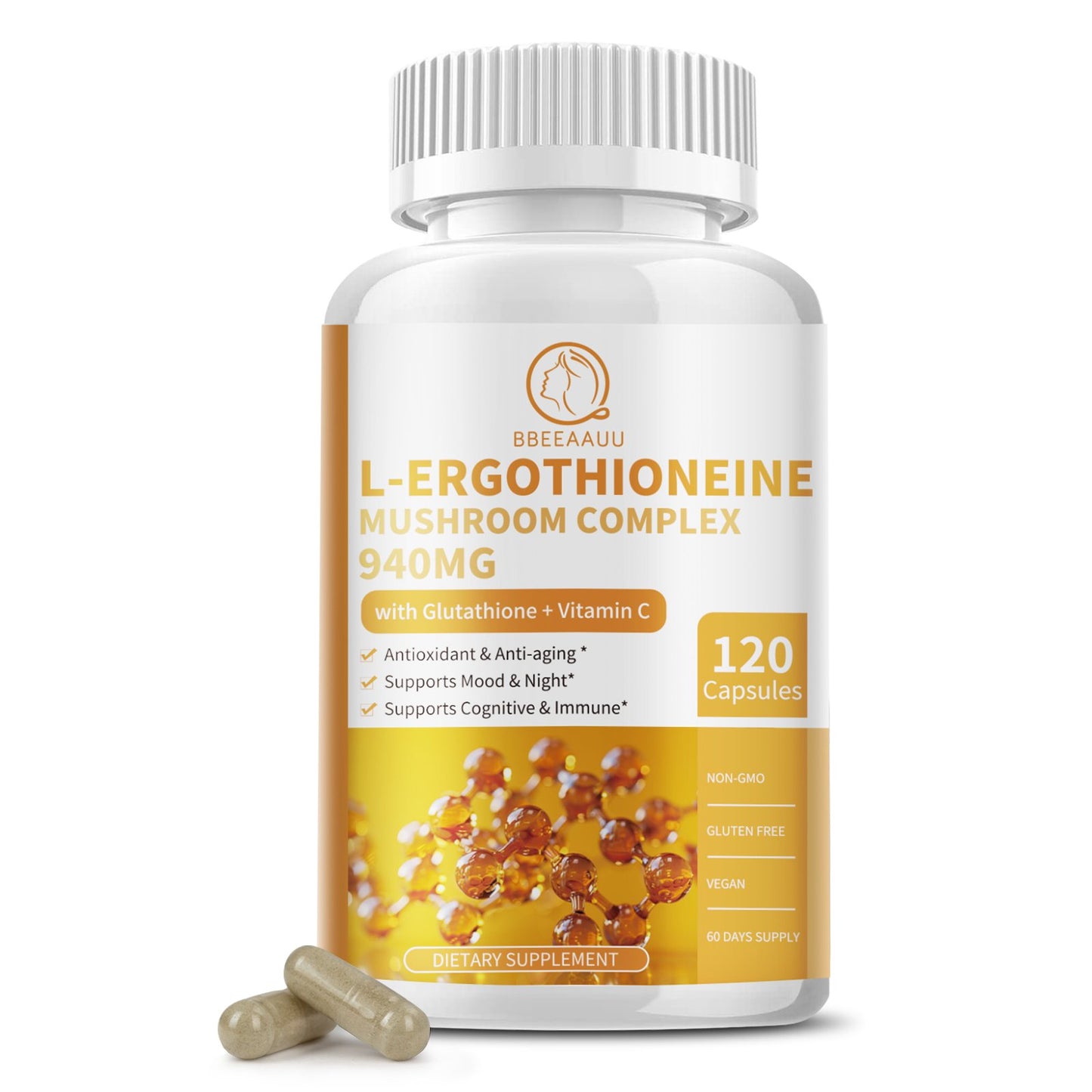 L-Ergothioneine Mushroom Complex Capsules Supplements with L-Ergothioneine 5MG, Organic Mushroom Extracts 940MG, Glutathione 150MG for Immune Support & Brain Supplement, Vegan, 120 Counts