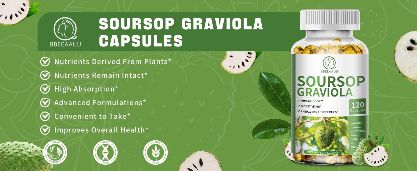 Soursop Graviola Capsules, Contain Kelp, for Cell Regeneration, Enhances Immunity, Supports Immune System, Digestive & Antioxidant Properties, Gluten Free, Non GMO, Vegan, 120 Counts