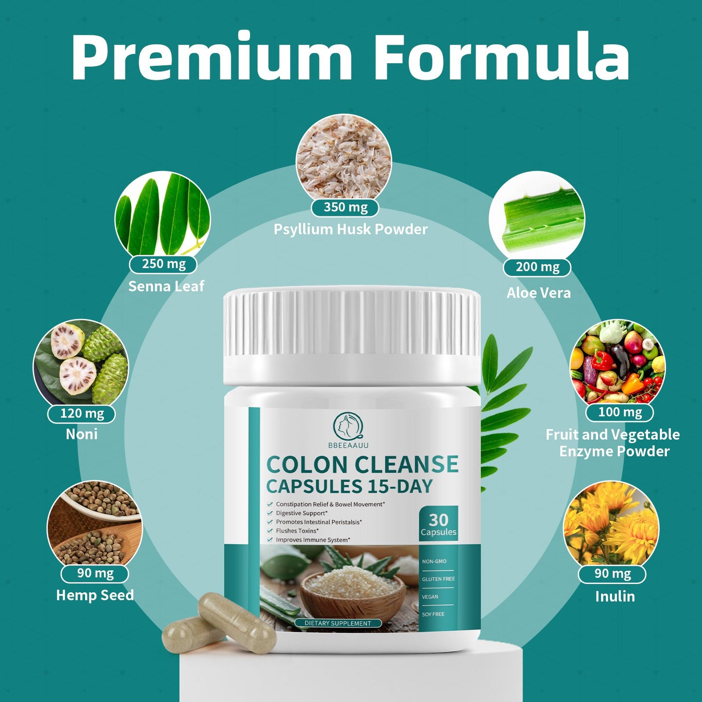 Colon Cleanse 15 Day Gut Cleanse Capsules, Help Bowel Movement & Toxins Remove, for Men & Women, Psyllium Husk Herbs for Intestinal Health