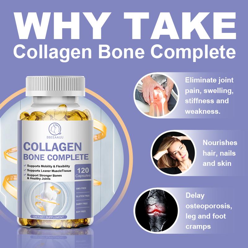 Bbeeaauu Collagen Bone Complete 500mg (Types I, III) Advanced Bone Matrix Formula with Plant Calcium & Magnesium Support Stronger Bones & Healthy Joints , Complete Bone Supplement