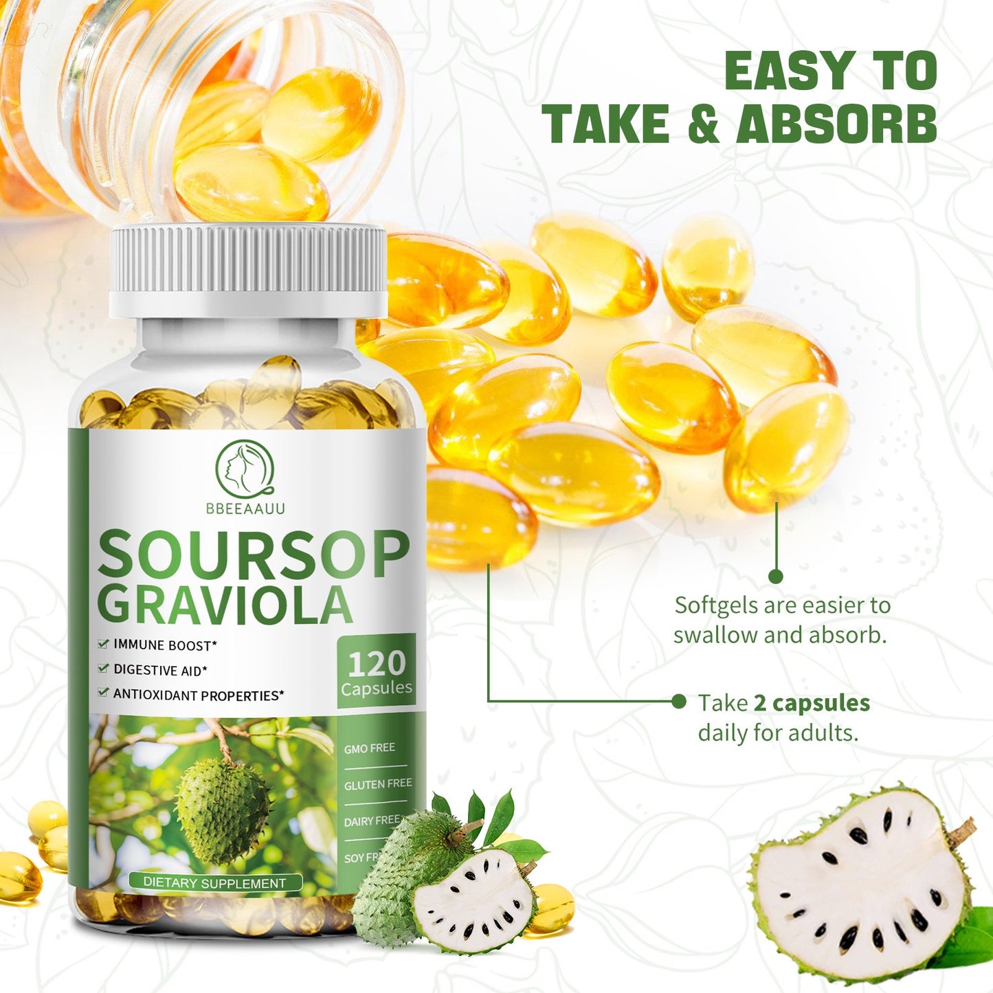 Soursop Graviola Capsules, Contain Kelp, for Cell Regeneration, Enhances Immunity, Supports Immune System, Digestive & Antioxidant Properties, Gluten Free, Non GMO, Vegan, 120 Counts