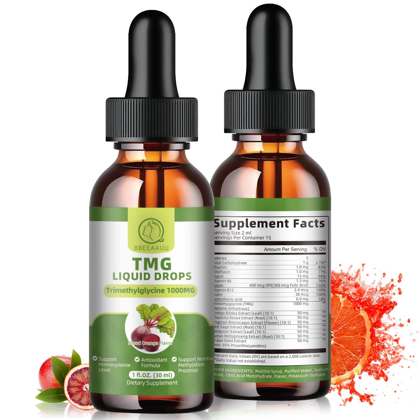 (2 Pack) TMG (Trimethylglycine) Liquid Drops Supplement Blood Orange Flavor