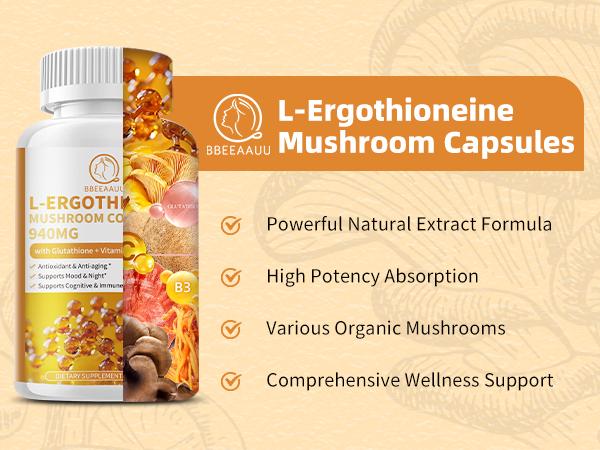 L-Ergothioneine Mushroom Complex Capsules Supplements with L-Ergothioneine 5MG, Organic Mushroom Extracts 940MG, Glutathione 150MG for Immune Support & Brain Supplement, Vegan, 120 Counts