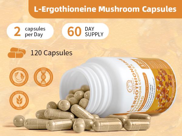 L-Ergothioneine Mushroom Complex Capsules Supplements with L-Ergothioneine 5MG, Organic Mushroom Extracts 940MG, Glutathione 150MG for Immune Support & Brain Supplement, Vegan, 120 Counts