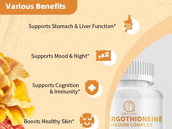 L-Ergothioneine Mushroom Complex Capsules Supplements with L-Ergothioneine 5MG, Organic Mushroom Extracts 940MG, Glutathione 150MG for Immune Support & Brain Supplement, Vegan, 120 Counts