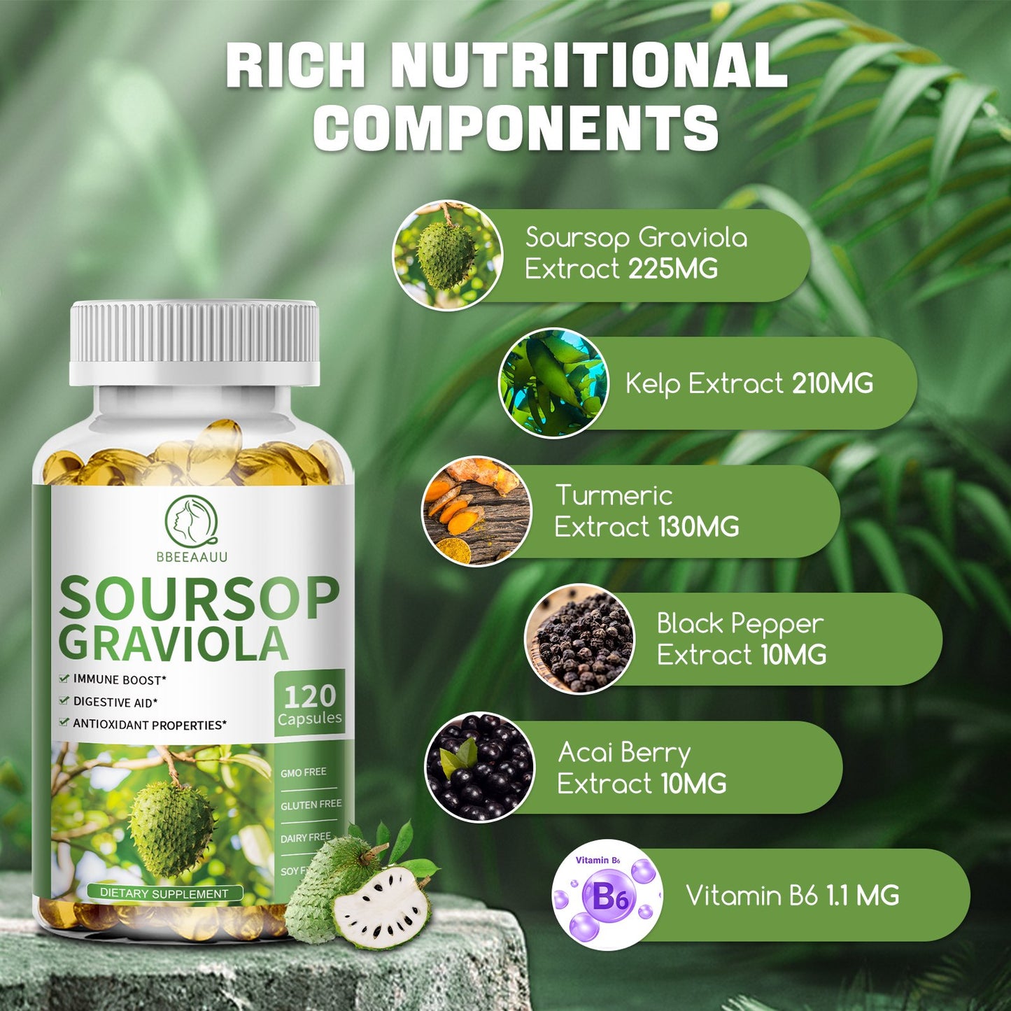 Soursop Graviola Capsules, Contain Kelp, for Cell Regeneration, Enhances Immunity, Supports Immune System, Digestive & Antioxidant Properties, Gluten Free, Non GMO, Vegan, 120 Counts