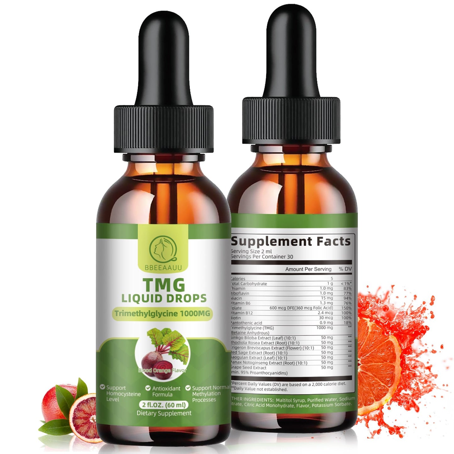 (2 Pack) TMG (Trimethylglycine) Liquid Drops, 1000mg High Absorption, Boosts Energy, Supports Methylation, Liver Wellness & Cognitive Function - Non-GMO Formula, Vegan, Blood Orange Flavor, 2 Fl.Oz