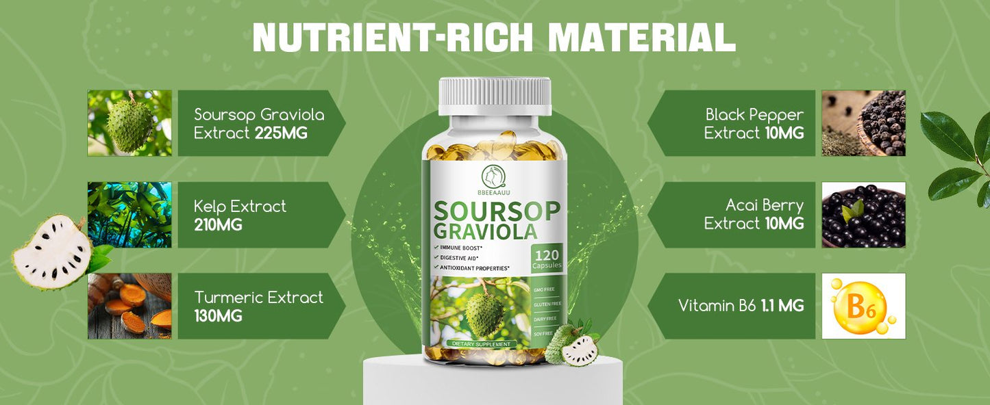 Soursop Graviola Capsules, Contain Kelp, for Cell Regeneration, Enhances Immunity, Supports Immune System, Digestive & Antioxidant Properties, Gluten Free, Non GMO, Vegan, 120 Counts