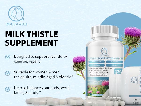 Milk Thistle Supplement Capsules, Liver Health Formula, with Dandelion Root, 10:1 Extract, for Liver Detox Cleanse Support, Digestive & Immune System, 120 Veggie Caps