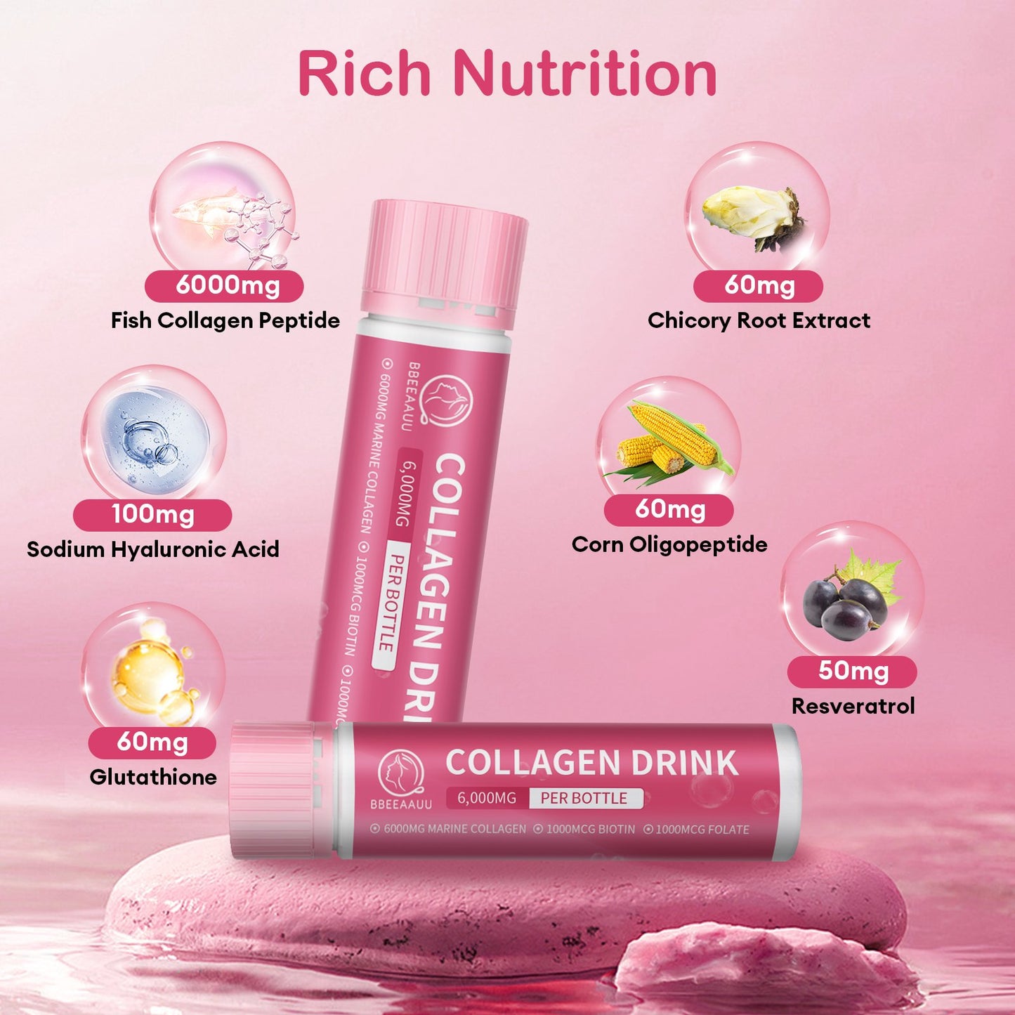 Collagen Drink with 6000mg Marine Collagen Peptides, Apple Flavor