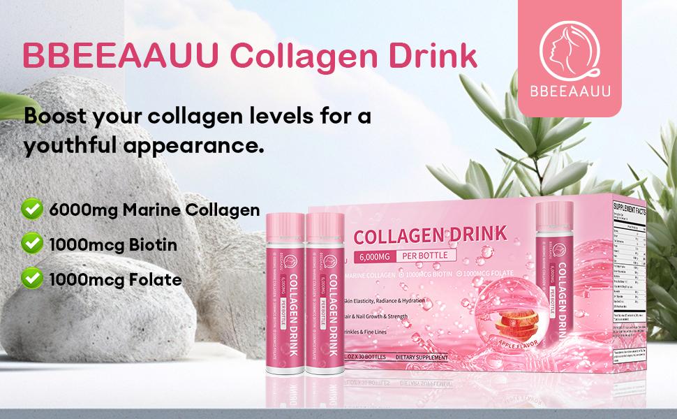 Collagen Drink with 6000mg Marine Collagen Peptides, Apple Flavor