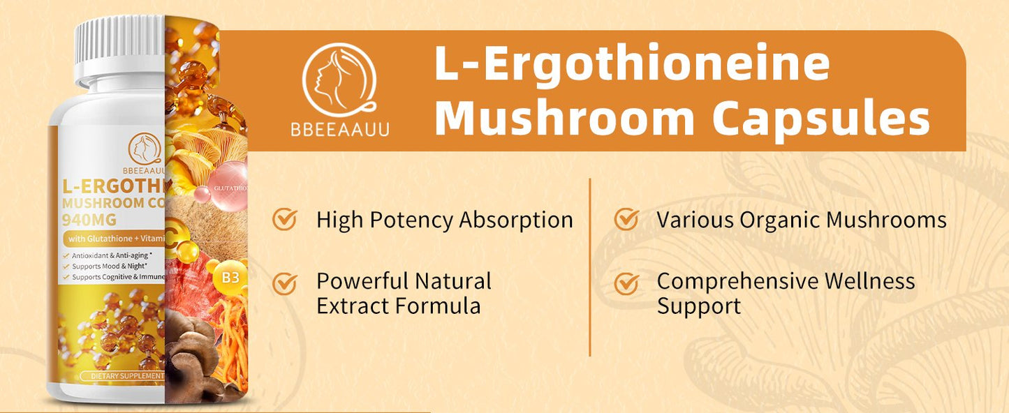 L-Ergothioneine Mushroom Complex Capsules Supplements with L-Ergothioneine 5MG, Organic Mushroom Extracts 940MG, Glutathione 150MG for Immune Support & Brain Supplement, Vegan, 120 Counts