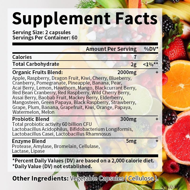 BBEEAAUU probiotic 60 billion CFU-36 strains+organic prebiotic complex+digestive enzyme complex+fruit complex intestinal health support