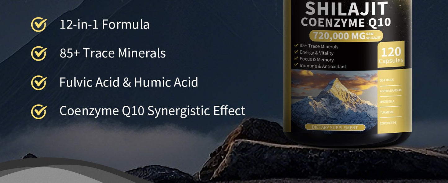 Shilajit Supplements for Men & Women,12 in 1 Himalayan Shilajit Capsules with Coenzyme Q10, Fulvic Acid & Humic Acid, Sea Moss, Lion's Mane Mushroom, Energy & Immune Support, 120 Counts