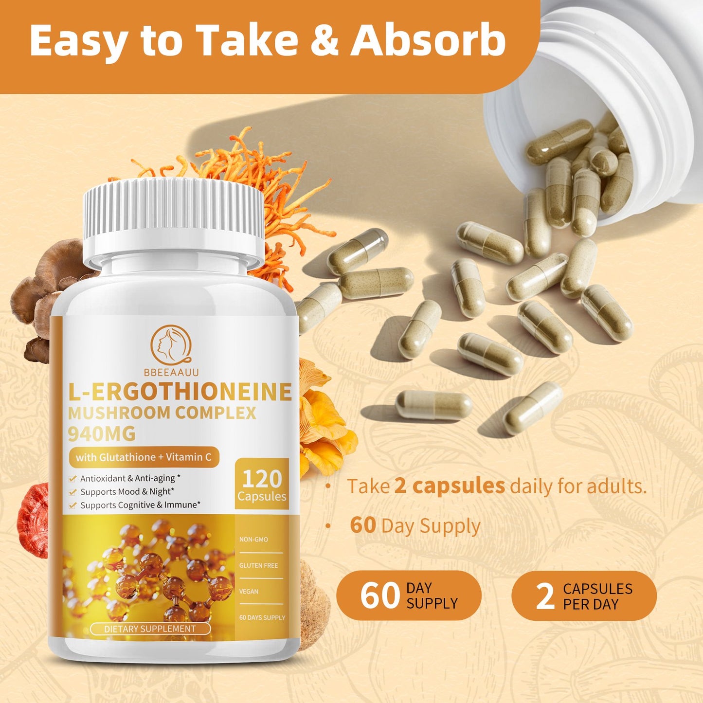 L-Ergothioneine Mushroom Complex Capsules Supplements with L-Ergothioneine 5MG, Organic Mushroom Extracts 940MG, Glutathione 150MG for Immune Support & Brain Supplement, Vegan, 120 Counts