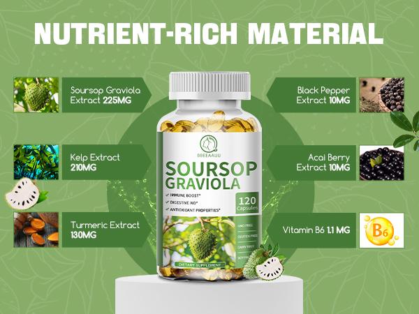 Soursop Graviola Capsules, Contain Kelp, for Cell Regeneration, Enhances Immunity, Supports Immune System, Digestive & Antioxidant Properties, Gluten Free, Non GMO, Vegan, 120 Counts